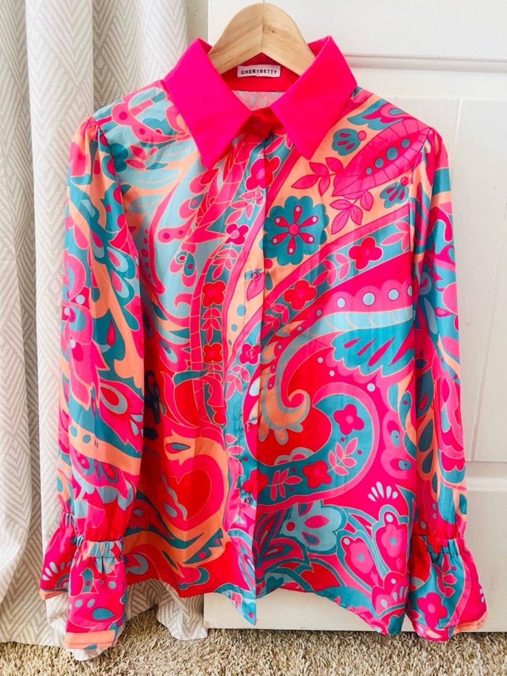 CheryBetty Pink Paisley Button-Up Blouse Ruffle Sleeve Dopamine Dressing Large
